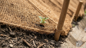 Foto em close da Agrega Verde mostrando uma muda de árvore com folhas verdes brilhantes plantada em solo escuro, cercada por uma biomanta de fibra de coco tecida. Dois bio-enrolados da Agrega Verde, presos com corda natural a postes de madeira, formam barreiras contra a erosão em uma encosta. Uma calha de concreto está visível na parte inferior direita para gerenciamento de água.