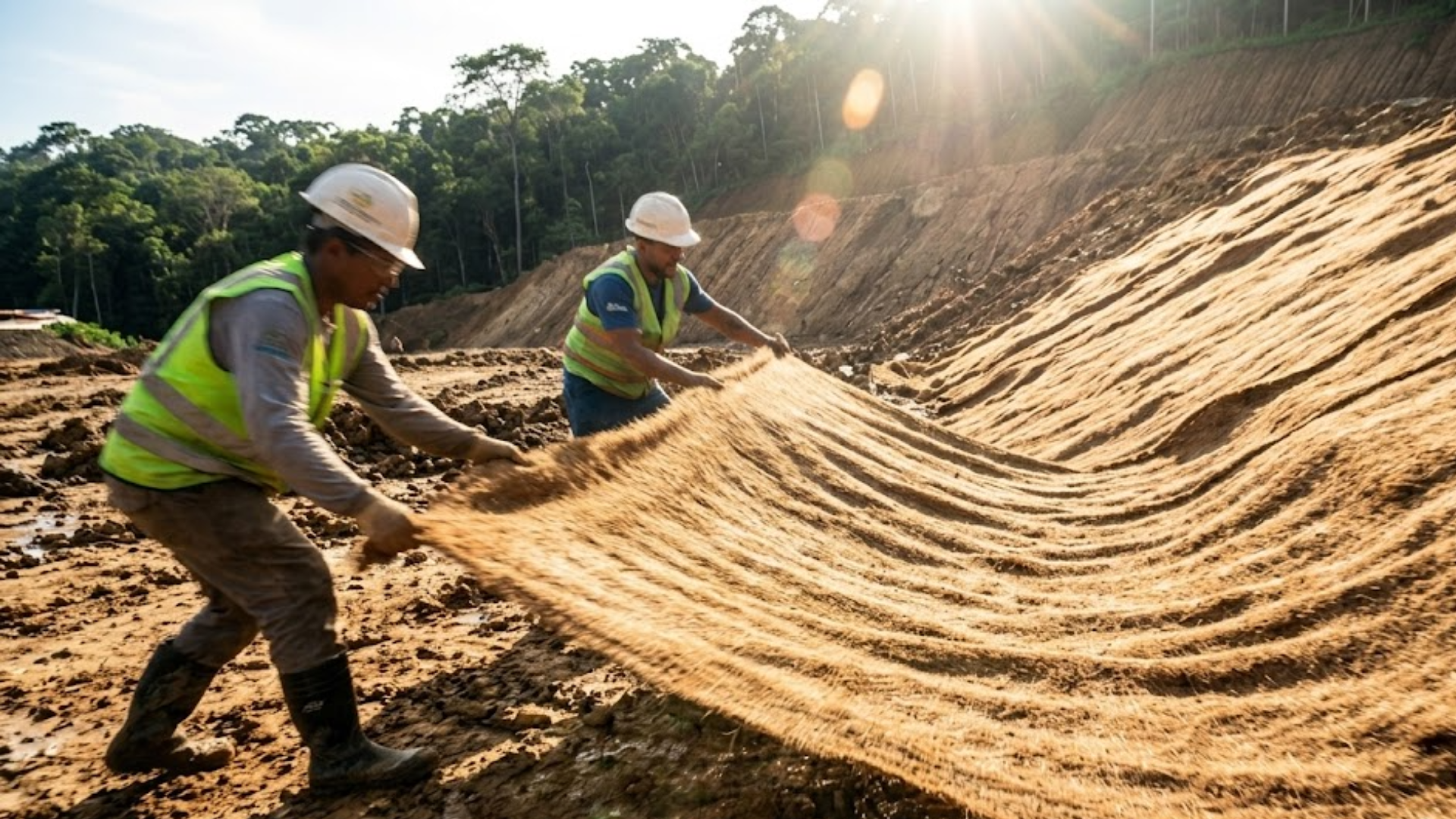 Instalação de biomanta de fibra de coco em encosta inclinada, com trabalhadores fixando a manta com grampos metálicos para controle de erosão