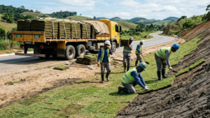realizando o plantio manual de placas de grama Agrega Verde em um talude ao lado de uma estrada. Um caminhão de cor amarela, com a traseira carregada de pilhas de placas de grama.