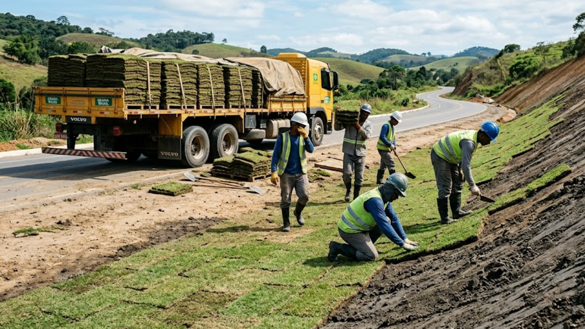 realizando o plantio manual de placas de grama Agrega Verde em um talude ao lado de uma estrada. Um caminhão de cor amarela, com a traseira carregada de pilhas de placas de grama.