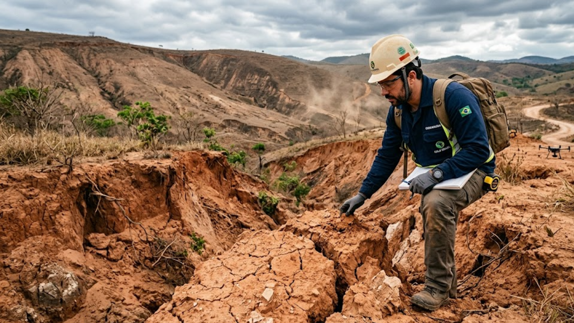 Engenheiro ambiental realizando inspeção em área degradada com erosão severa, avaliando solo para recuperação ambiental, controle de erosão e revegetação por hidrossemeadura.