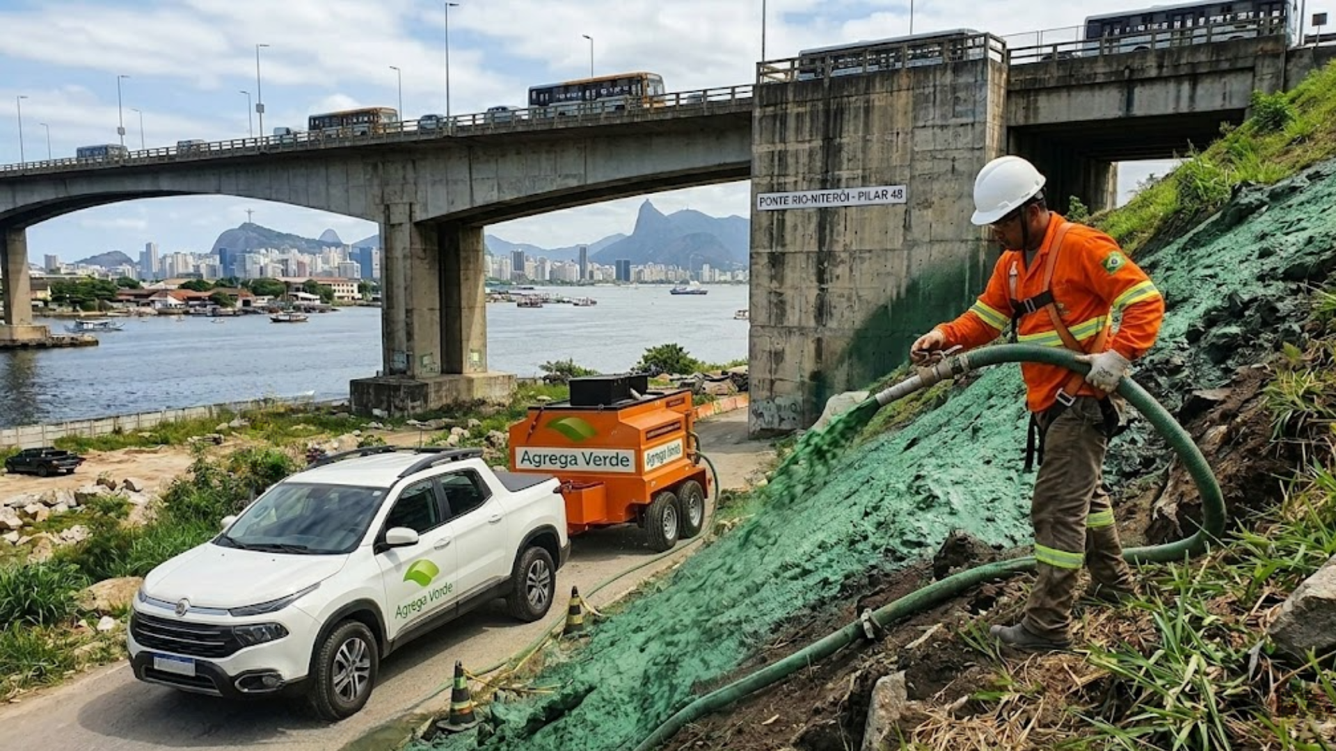 Hidrossemeadura aplicada em área urbana para recuperação ambiental, controle de erosão, revegetação de talude e estabilização de encosta em projeto de engenharia ambiental sustentável.