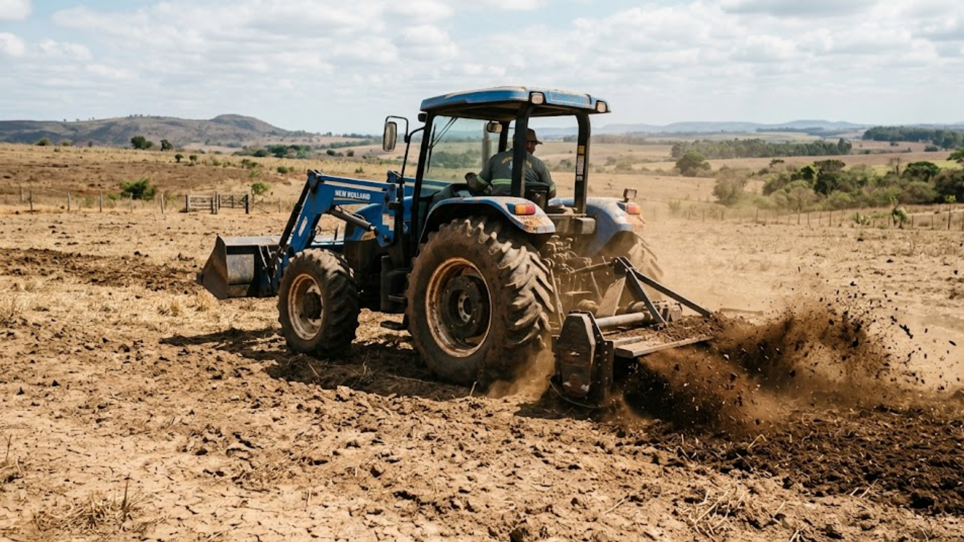 Trator agrícola realizando preparo e recuperação de solo degradado em área rural, prática utilizada na agricultura regenerativa para melhorar a fertilidade, aumentar a matéria orgânica e recuperar pastagens degradadas.