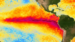 Mapa do Oceano Pacífico destacando o aquecimento anormal das águas associado ao El Niño e sua influência sobre o clima.