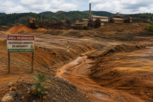 Área industrial e de mineração degradada, com solo exposto, processos erosivos e estruturas industriais ao fundo em cenário de recuperação ambiental.