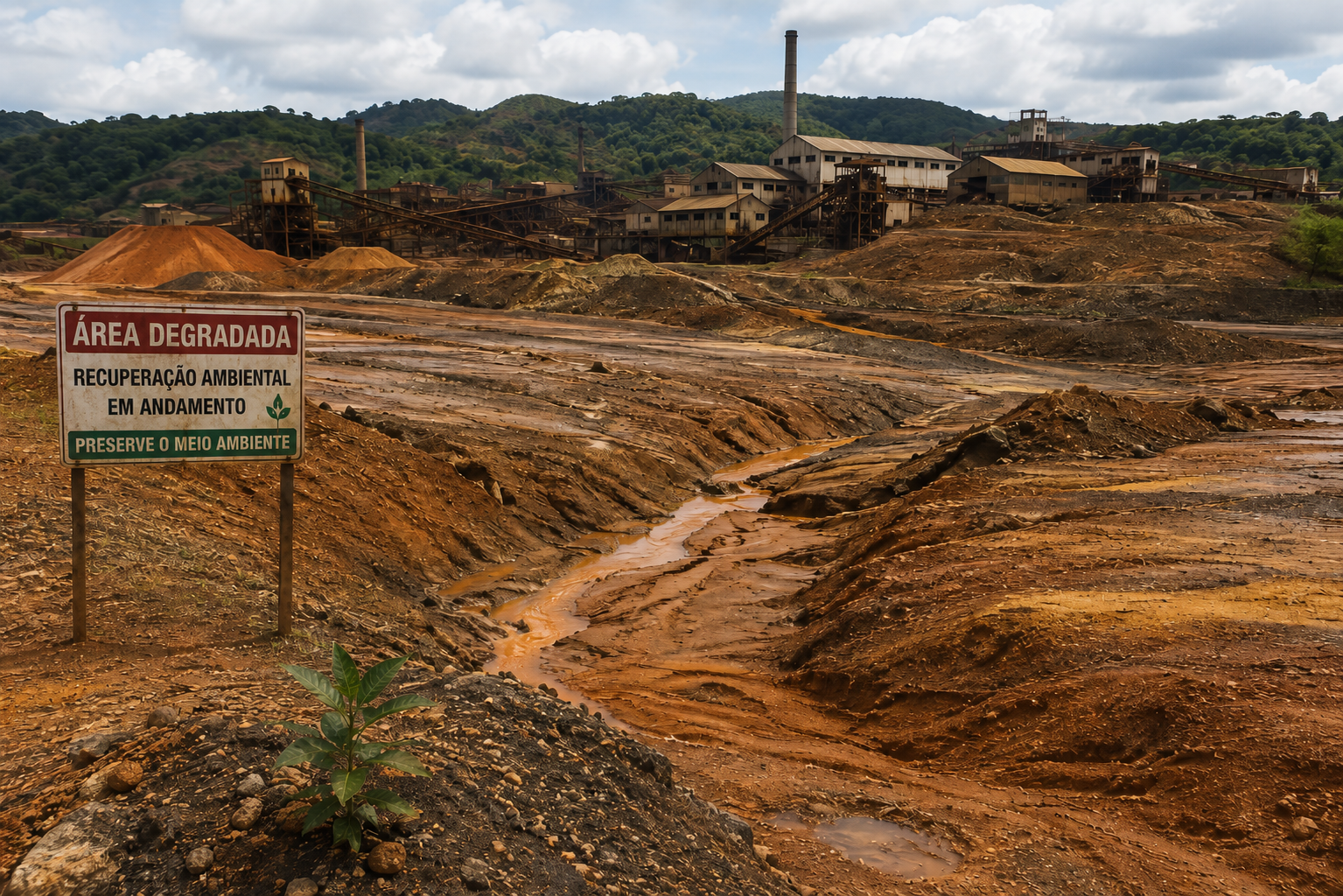 Área industrial e de mineração degradada, com solo exposto, processos erosivos e estruturas industriais ao fundo em cenário de recuperação ambiental.