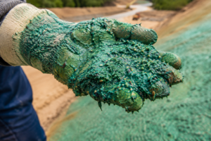 Mão com luva de proteção segurando a mistura de grama líquida usada na hidrossemeadura, com fibras de mulch, sementes e material úmido para revegetação.