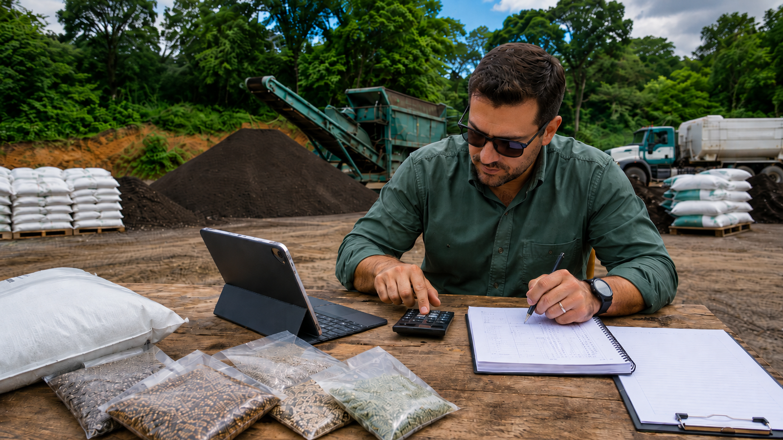 Profissional calculando o custo de sementes para hidrossemeadura, com amostras de sementes, calculadora e equipamentos em área de produção.