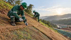 Profissionais da Agrega Verde instalam biomanta biodegradável sobre talude recém-hidrossemeado.
