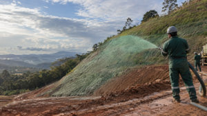 Equipe da Agrega Verde realiza hidrossemeadura em talude durante a primavera para preparar o solo para as chuvas.