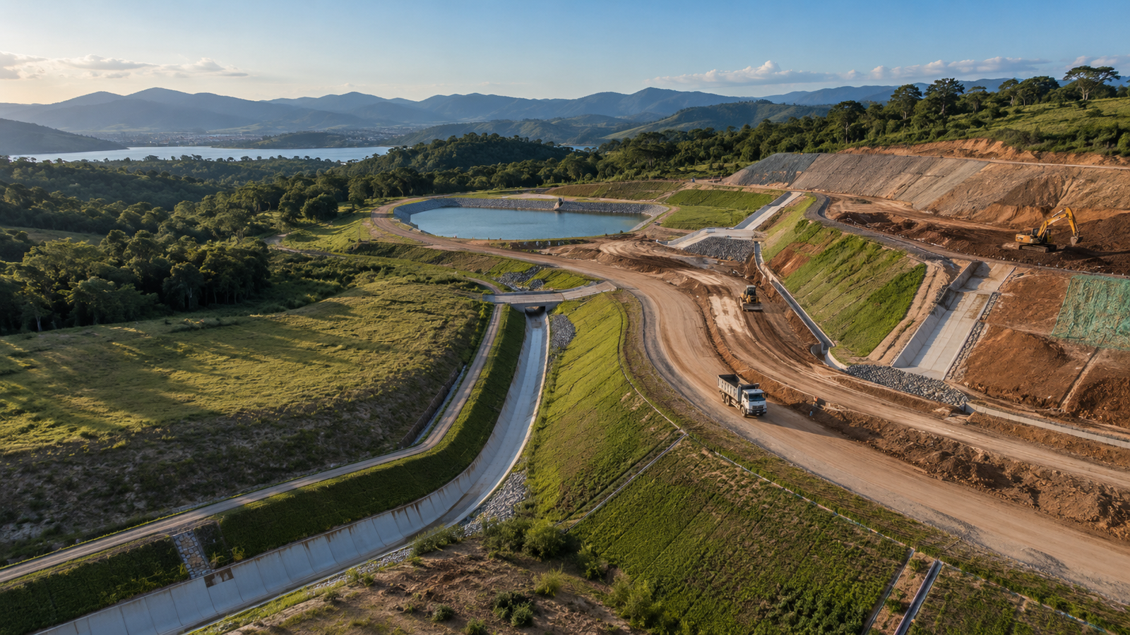 Obra de infraestrutura atendida pela Agrega Verde com taludes revegetados, drenagem e proteção do solo.