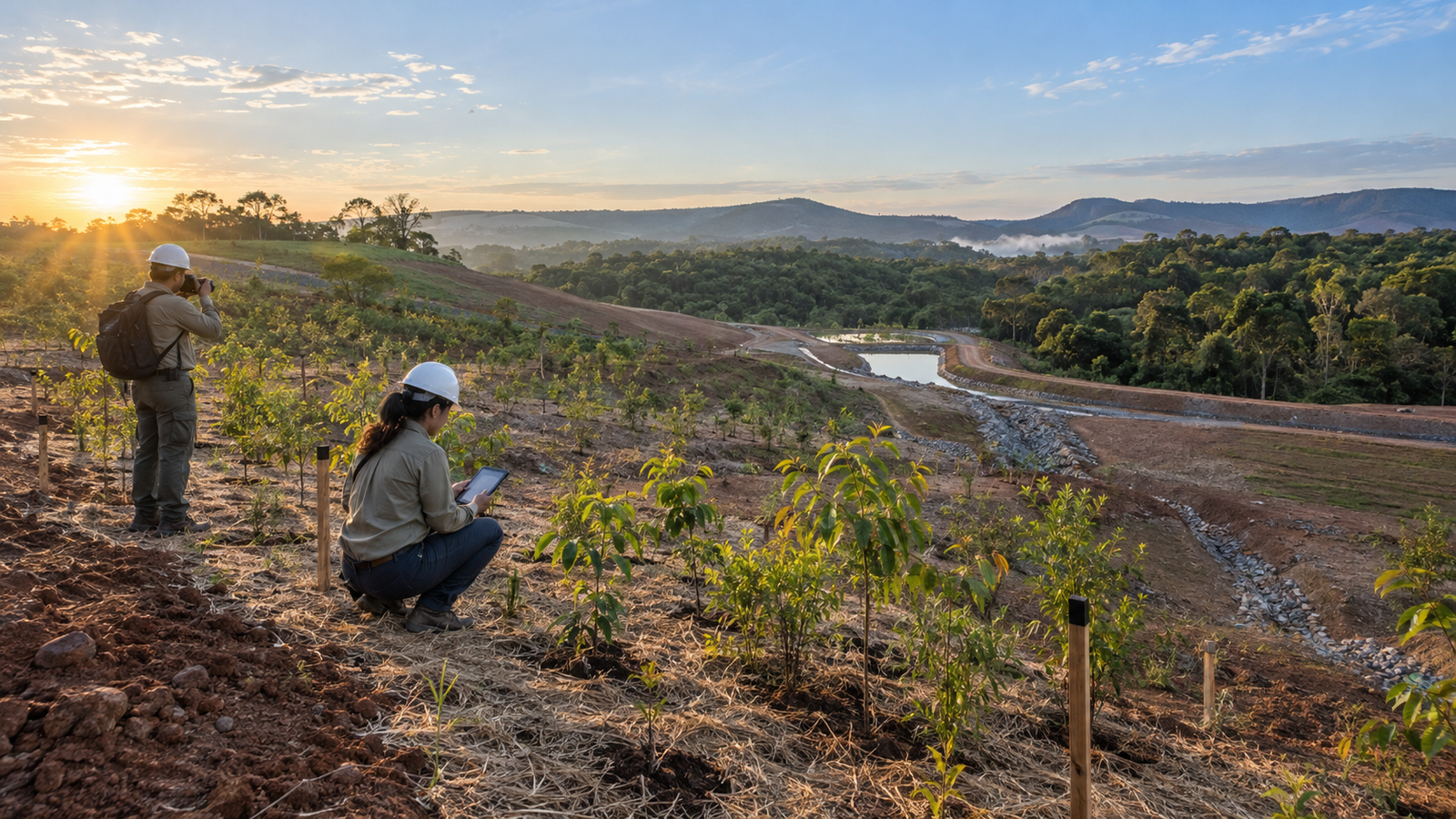 Equipe da Agrega Verde monitora a revegetação de uma área degradada atendida por um PRAD.