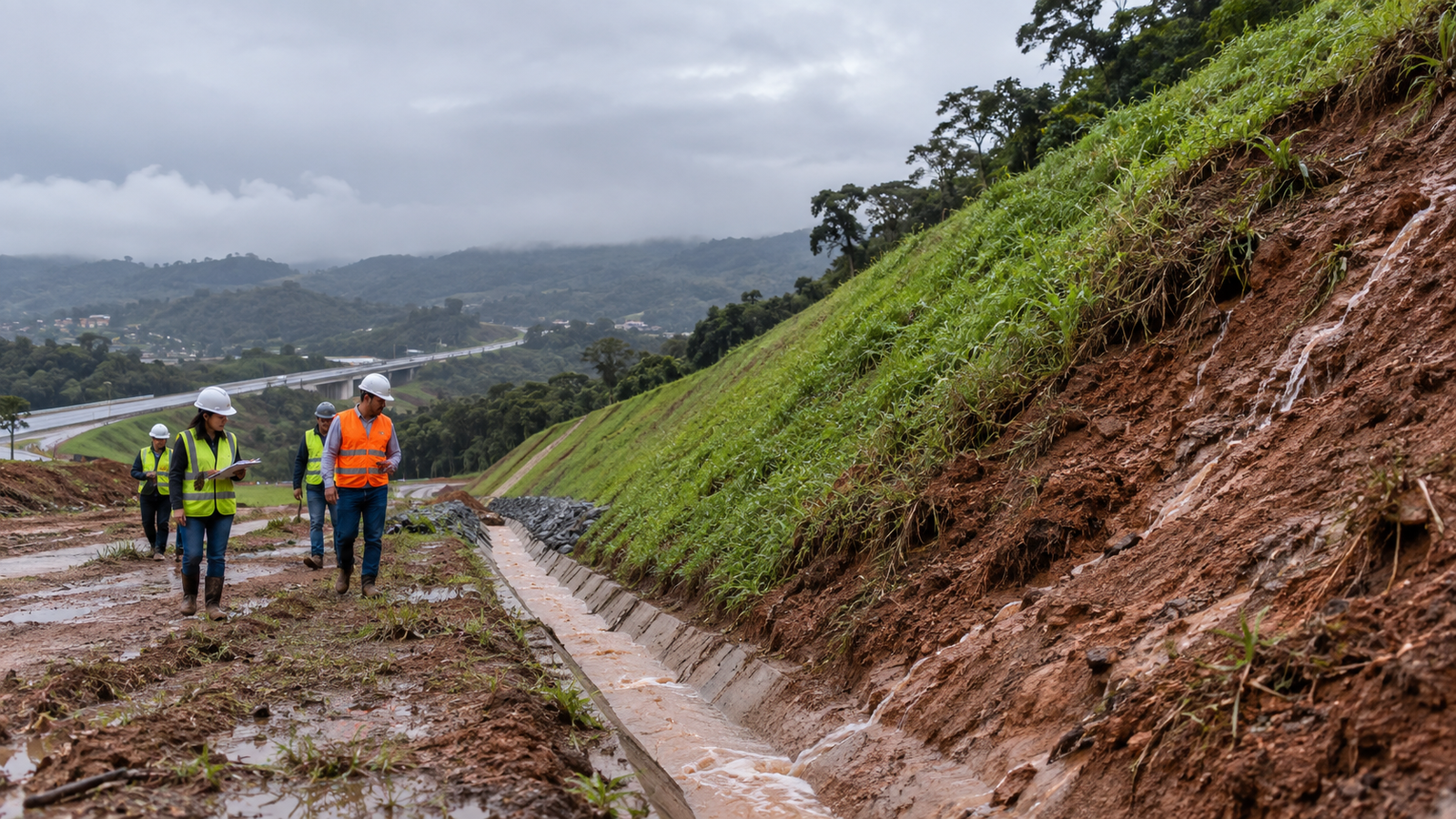 Talude inspecionado pela Agrega Verde após chuva intensa, com erosão no solo exposto e área protegida por vegetação.